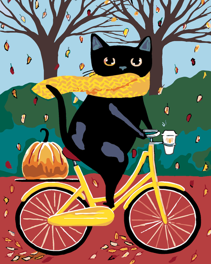 Zwarte kat op een gele fiets, schilderen op nummer