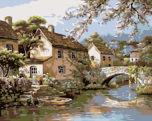 Dorpje aan de rivier, schilderen op nummer
