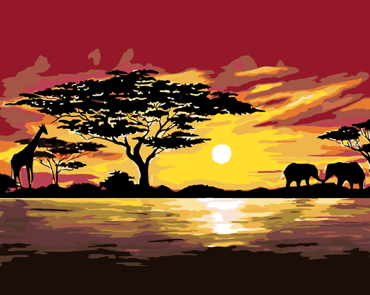 Giraffe en olifanten bij zonsondergang, schilderen op nummer