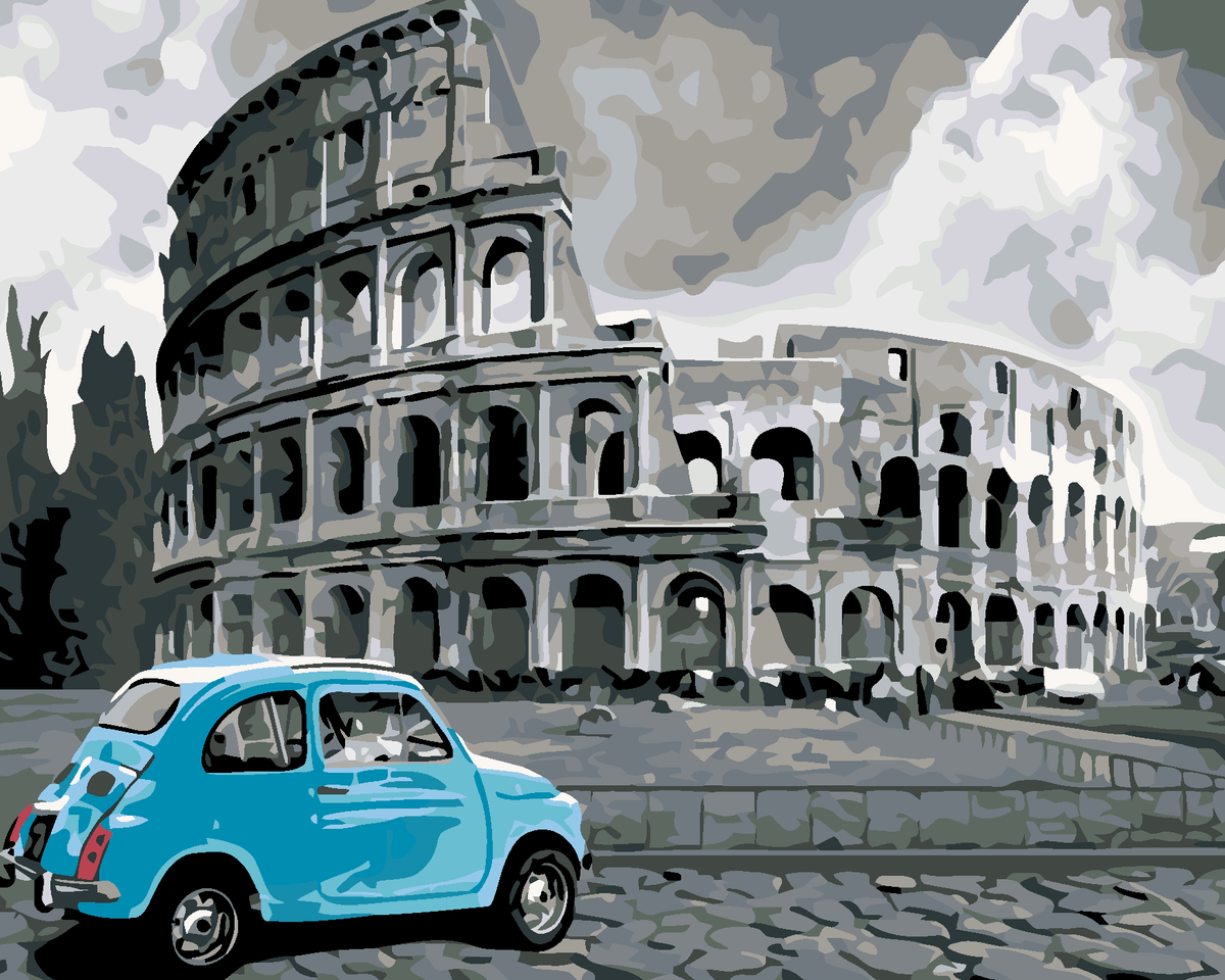 Colosseum met blauwe auto, schilderen op nummer