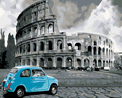 Colosseum met blauwe auto, schilderen op nummer