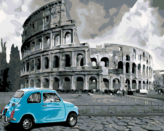 Colosseum met blauwe auto, schilderen op nummer